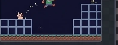 A pixel chimp running across rooftops, throwing bananas.